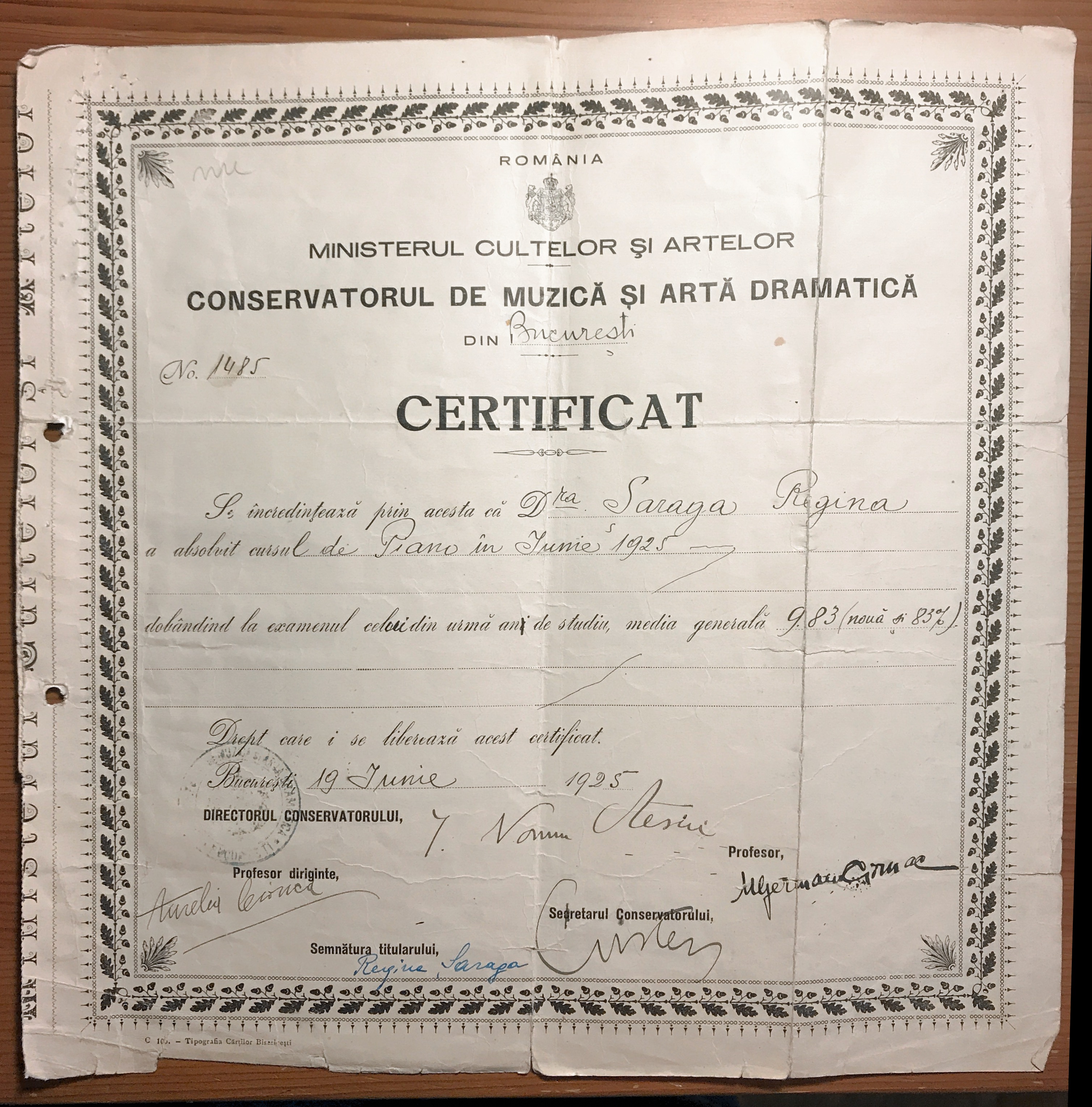 Gina Solomon - Certificat absolvire conservator, Semnat Muza Ghermani Ciomac