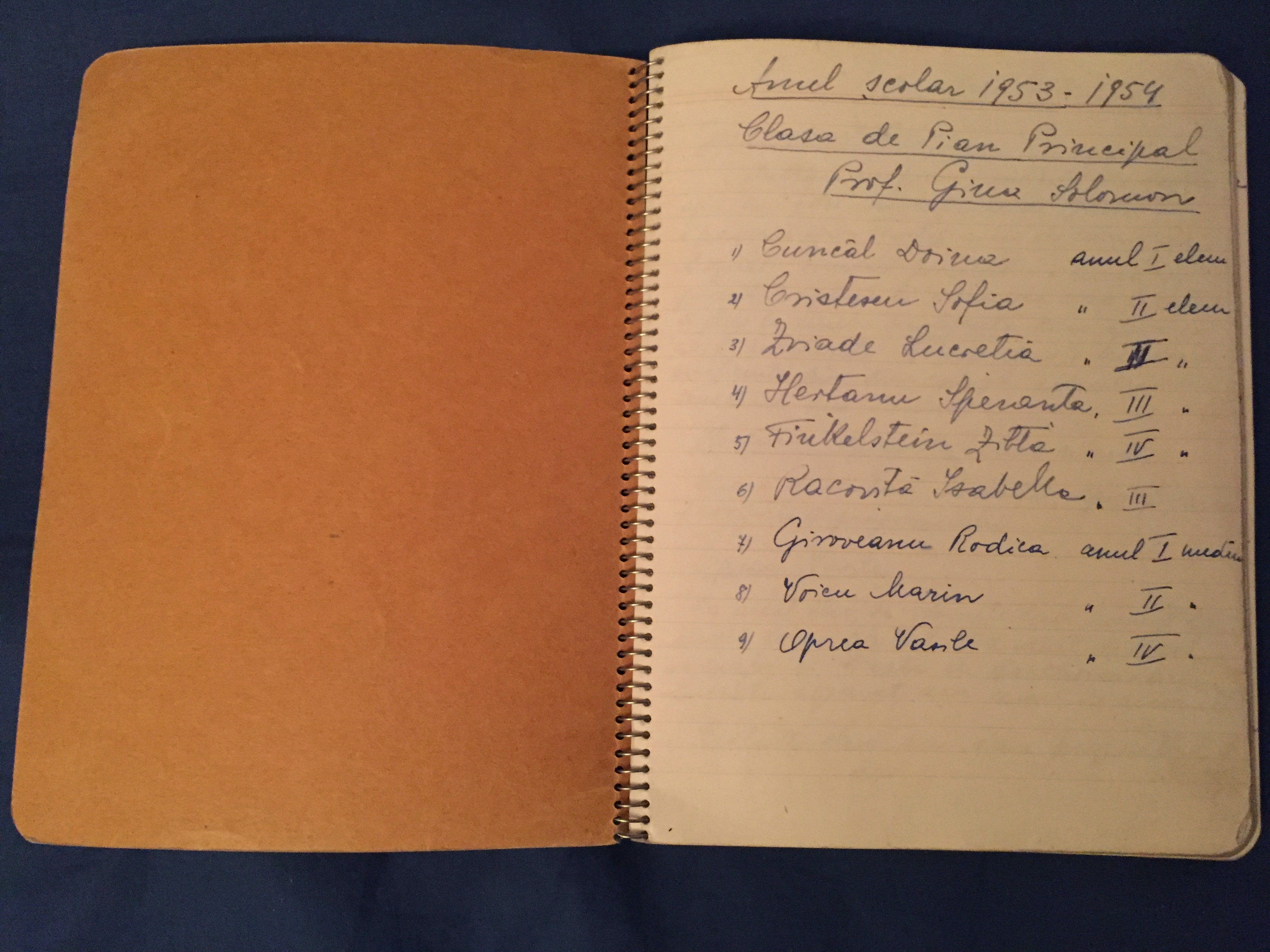Gina Solomon Jurnal de clasa - lista elevilor 1953-1954