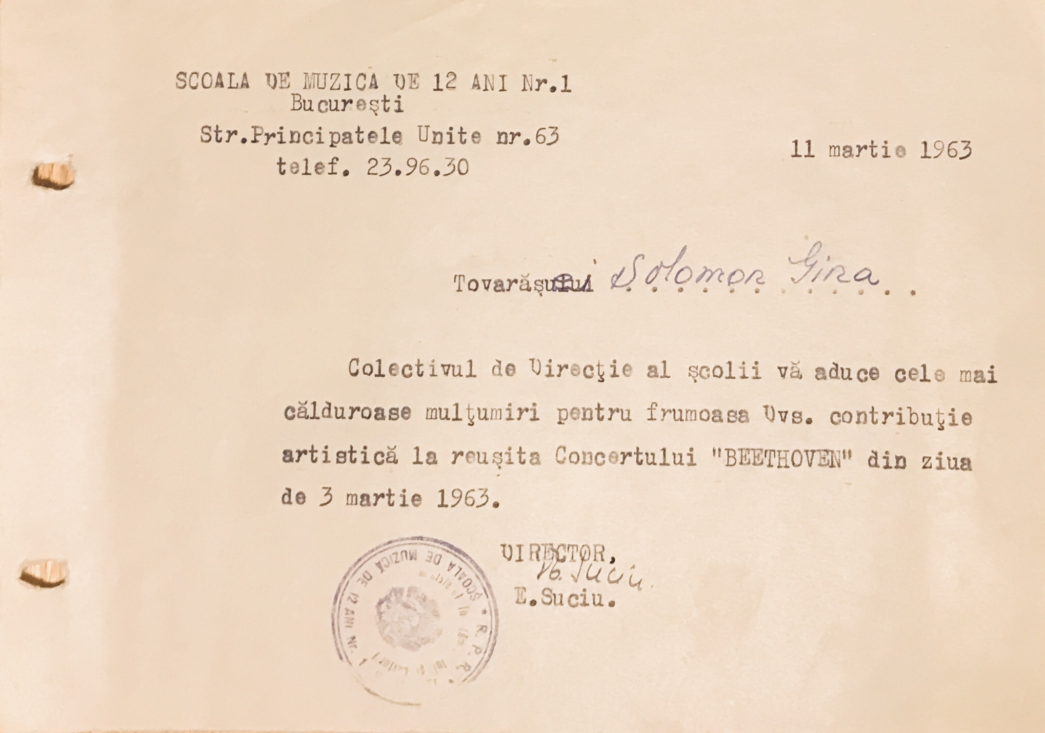 Gina Solomon - participare la Concertul "Beethoven" 3 martie 1963