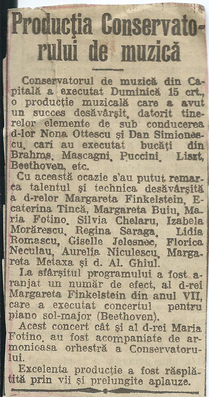 Gina Solomon (Regina Saraga) cronica la concert din anii de conservator 1925